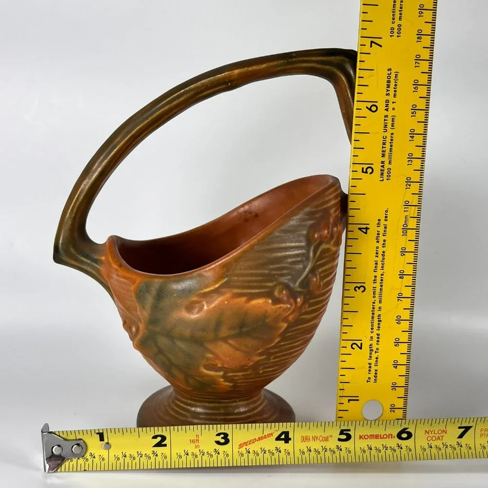 Vtg Roseville Basket Bushberry Branch Handle Russet Ceramic 40s Marked 369 6 1/2